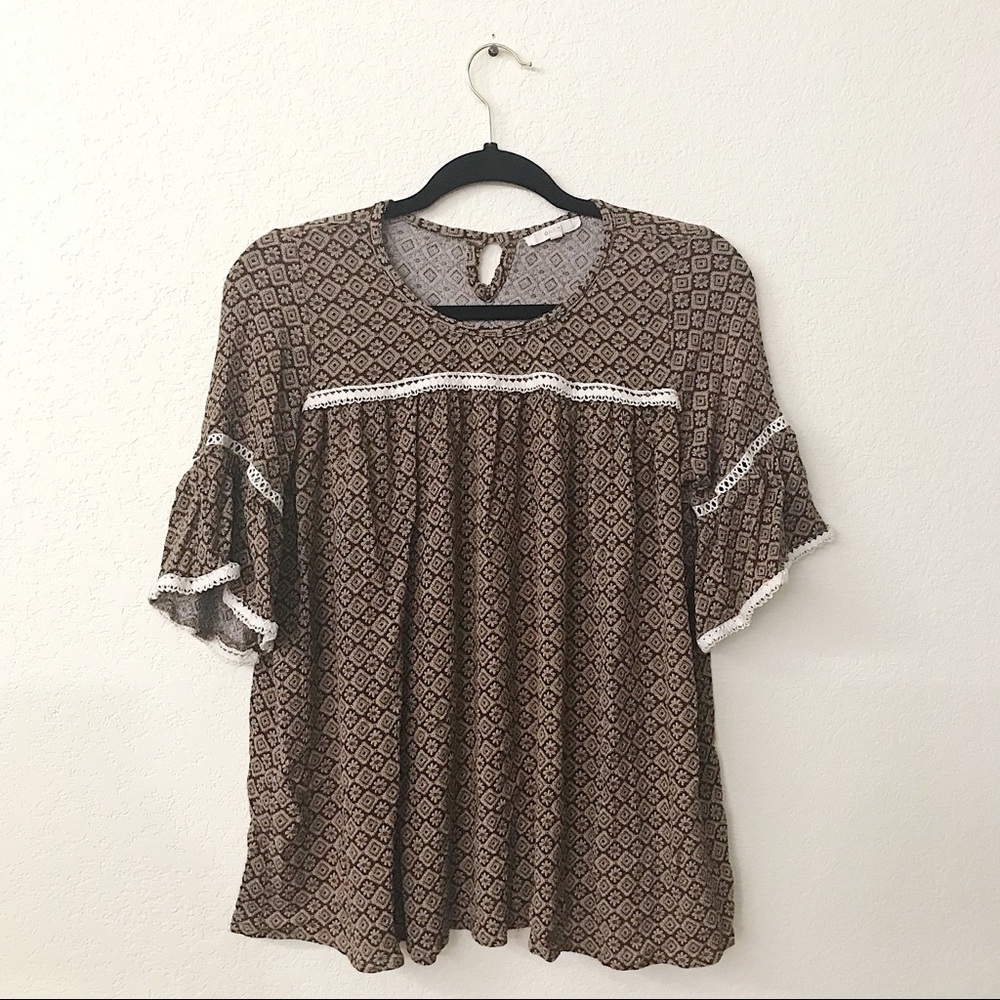 Easel Brown Flower Print Babydoll Top